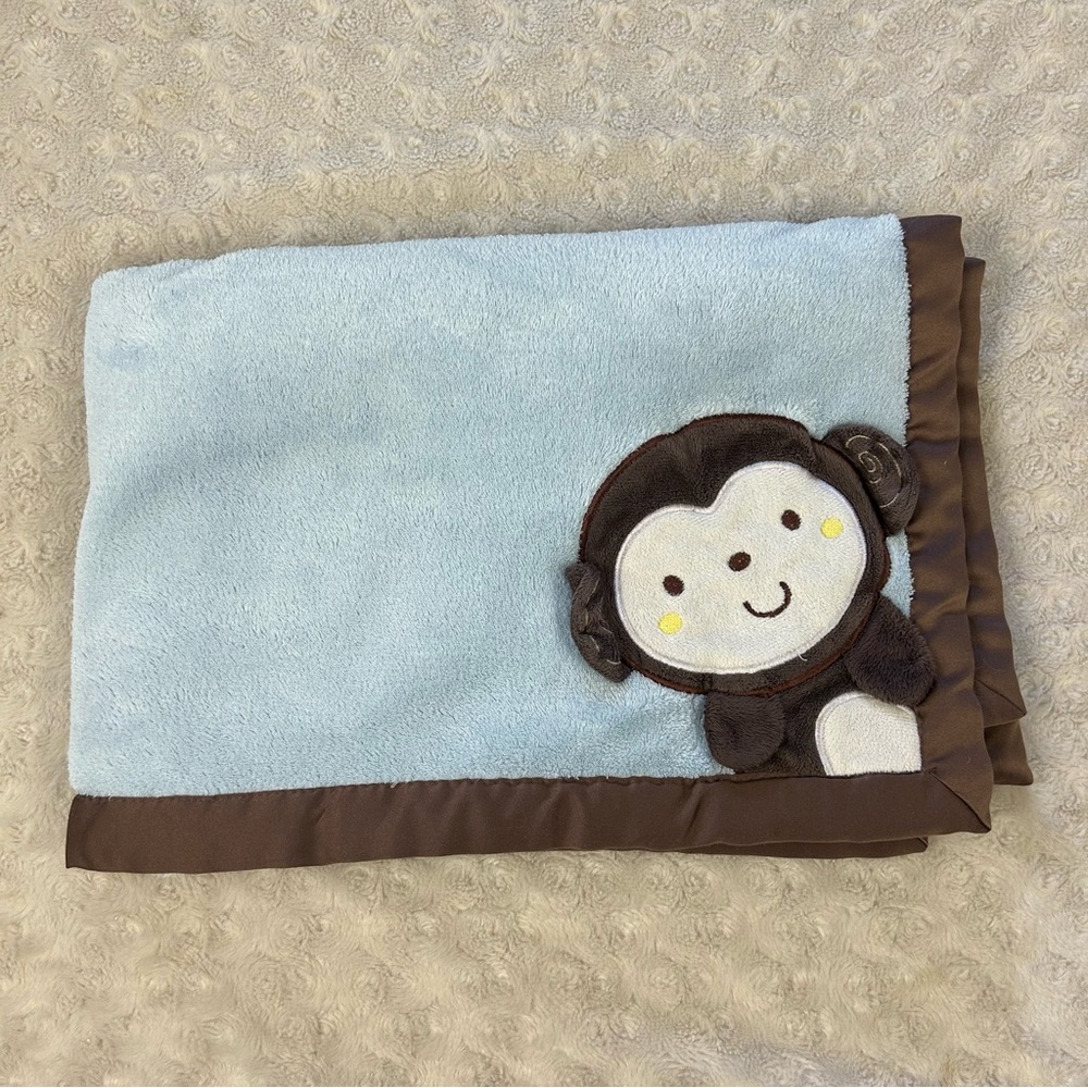 Kidsline Monkey Baby Blanket Brown Edge Blue Security Lovey